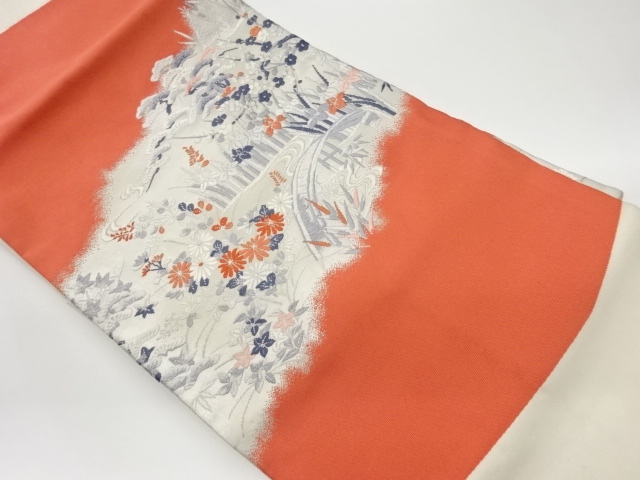 リサイクル　橋に流水・木々・草花模様織出し名古屋帯